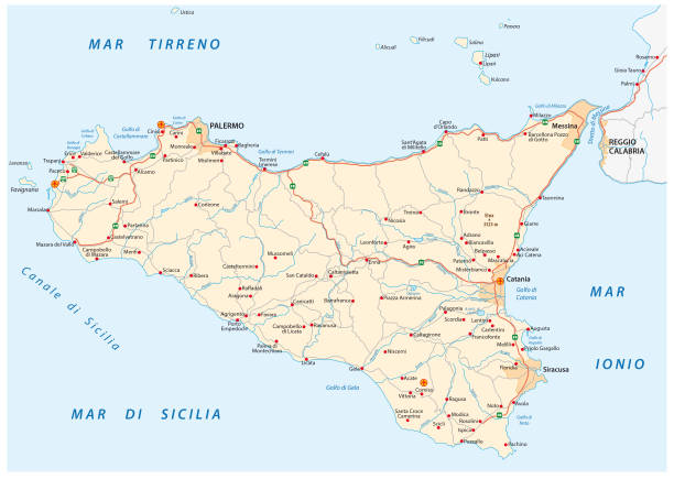 illustrazioni stock, clip art, cartoni animati e icone di tendenza di road map dettagliata dell'isola sicilia italia - italy map sicily cartography