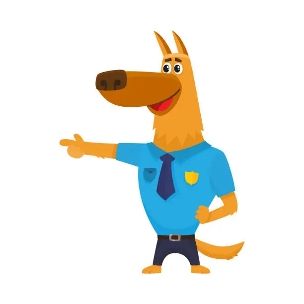 Vector illustration of Funny shepherd dog character in blue police uniform blowing whistle