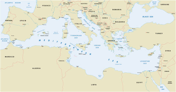 ilustraciones, imágenes clip art, dibujos animados e iconos de stock de mapa de mar mediterráneo - italiano europeo del sur
