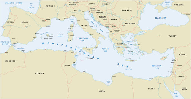 illustrazioni stock, clip art, cartoni animati e icone di tendenza di mappa del mar mediterraneo - mar mediterraneo