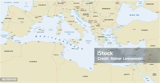 Mediterranean Sea Map Stock Illustration - Download Image Now - Map, Malta, Italy