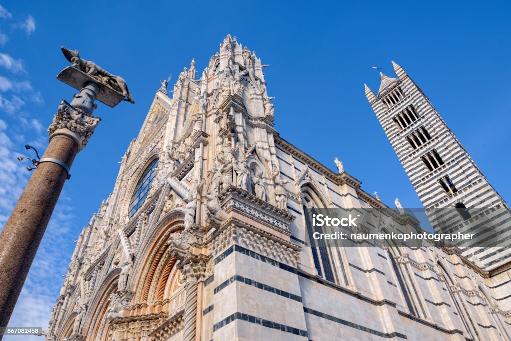 View of Siena Cathedral Santa Maria Assunta (Duomo di Siena) in Siena, Tuscany, italy. She-wolf with Romulus and Remus in front of the Duomo of Siena, Cattedrale di Santa Maria Assunta, Siena, Province of Siena Torre del Mangia Stock Photo