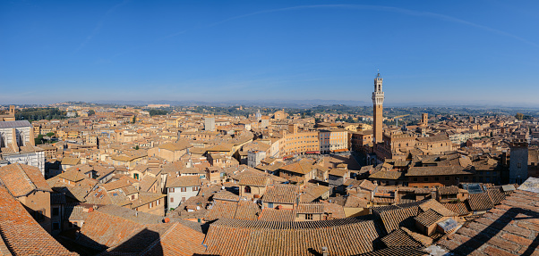 View of the old city of Siena, to the old buildings and main square of city Piazza del Campo, Tuscany, Italy