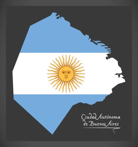 Vector illustration of Ciudad Autonoma de Buenos Aires map of Argentina with Argentinian national flag illustration