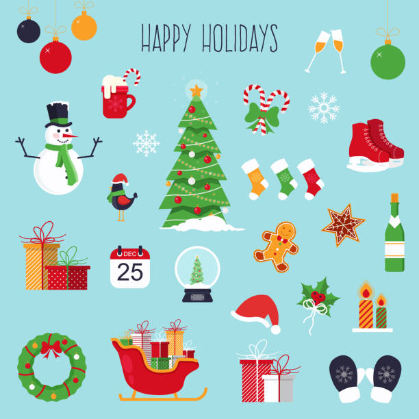 ilustraciones, imágenes clip art, dibujos animados e iconos de stock de conjunto de navidad - christmas decoration