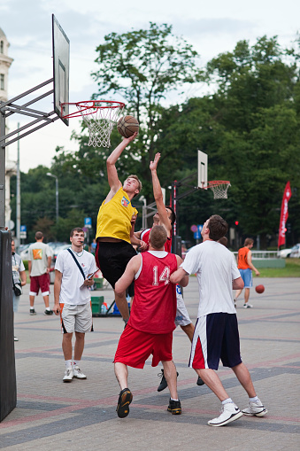 Riga, Latvia - July 8, 2011:  Street basketball is being played on the Congress House square during the Riga City Festival