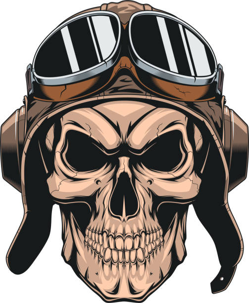 skull in helmet pilot Vector illustration of a wicked skull in the pilot's helmet, on a white background fighter plane vintage stock illustrations