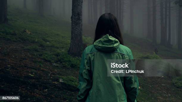 Back View Of A Young Woman Hiking In Forest Stock Photo - Download Image Now - Thriller - Film Genre, Spooky, Women