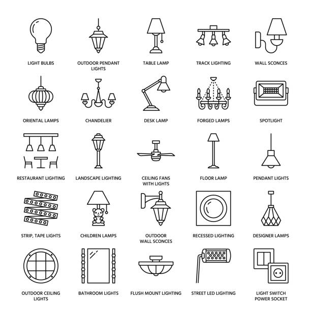 illustrations, cliparts, dessins animés et icônes de luminaire, lampes plat icônes de ligne. matériel d’éclairage domestique et extérieur - applique murale, lampe de bureau, ampoule, lustre, prise de courant. illustration vectorielle, panneaux électrique, intérieur magasin - fluorescent light light bulb lighting equipment lamp