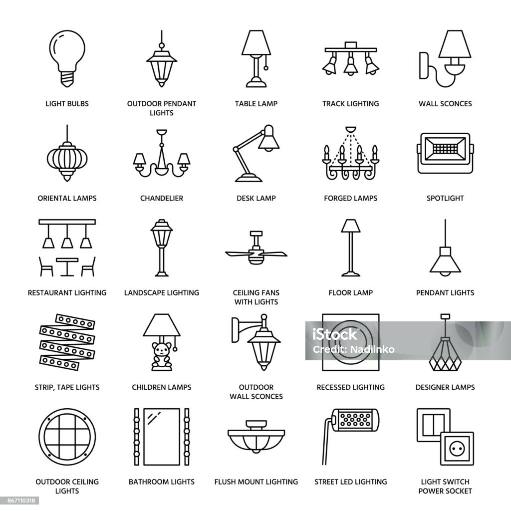 Light fixture, lamps flat line icons. Home and outdoor lighting equipment - chandelier, wall sconce, desk lamp, light bulb, power socket. Vector illustration, signs for electric, interior store Light fixture, lamps flat line icons. Home and outdoor lighting equipment - chandelier, wall sconce, desk lamp, light bulb, power socket. Vector illustration, signs for electric, interior store. Icon Symbol stock vector