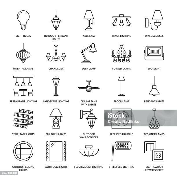 Light Fixture Lamps Flat Line Icons Home Outdoor Equipment Chandelier Wall Sconce Desk Lamp