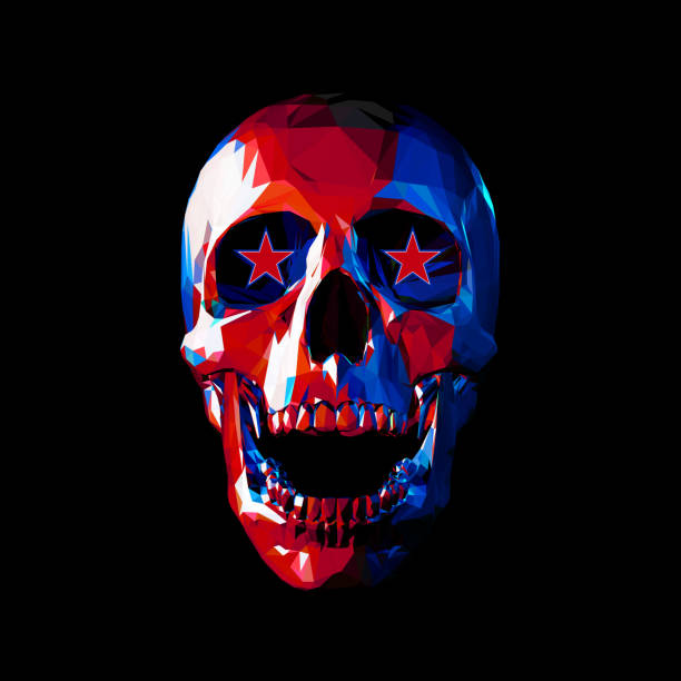 ilustrações de stock, clip art, desenhos animados e ícones de low poly skull with star in blue and red color on dark bg - pop art skull backgrounds pattern