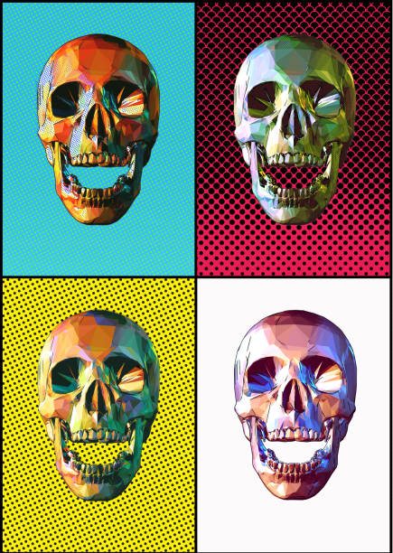 ilustrações de stock, clip art, desenhos animados e ícones de low poly skull front view open mouth pose colorful four popart style - pop art skull backgrounds pattern
