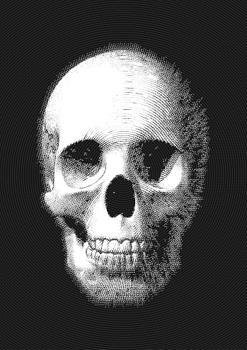 Monochorme engraving skull vector illustration blur on black ripple background