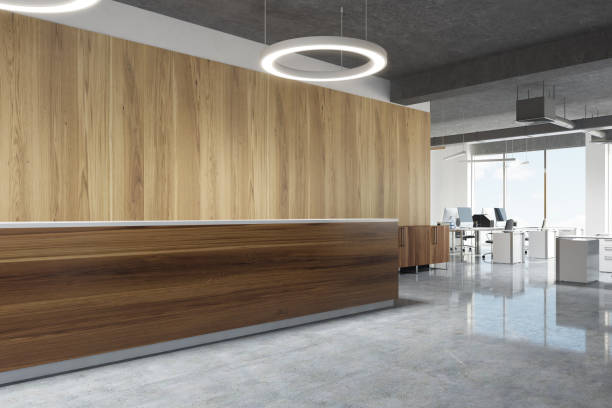 istock Wood reception in round lamp office, side view 867116532