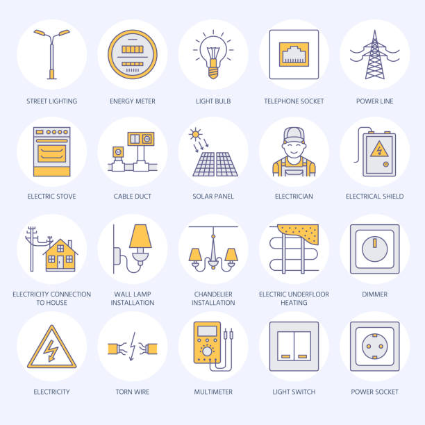 ilustrações, clipart, desenhos animados e ícones de electricidade engenharia vetor linha plana dos ícones. equipamento eléctrico, tomada, rasgada de arame, medidor de energia, lâmpada, projeto de fiação, multímetro. eletricista serviços sinais, ilustração de reparação de casa - lamp lighting equipment light reading