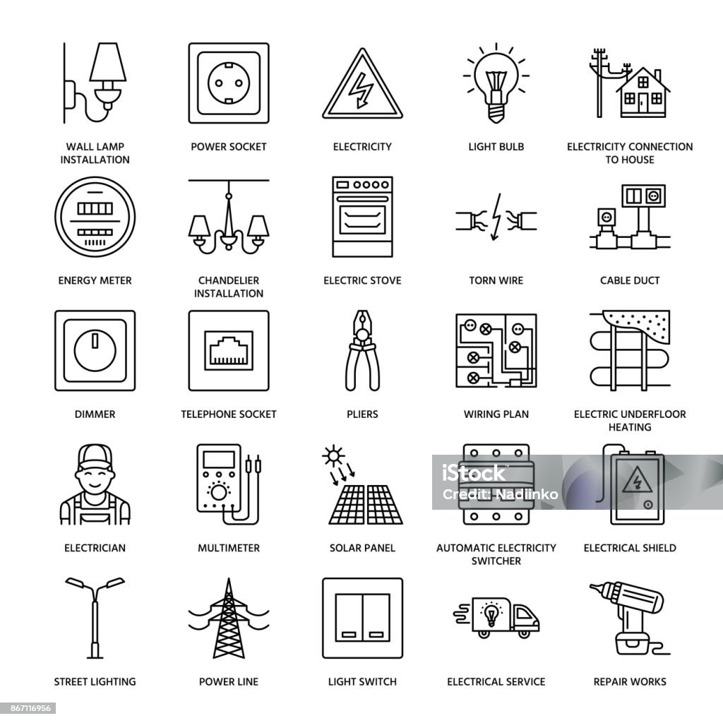 Electricity engineering vector flat line icons. Electrical equipment, power socket, torn wire, energy meter, lamp, wiring design, multimeter. Electrician services signs, house repair illustration Electricity engineering vector flat line icons. Electrical equipment, power socket, torn wire, energy meter, lamp, wiring design, multimeter. Electrician services signs, house repair illustration. Icon Symbol stock vector