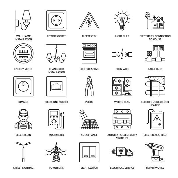 Electricity engineering vector flat line icons. Electrical equipment, power socket, torn wire, energy meter, lamp, wiring design, multimeter. Electrician services signs, house repair illustration Electricity engineering vector flat line icons. Electrical equipment, power socket, torn wire, energy meter, lamp, wiring design, multimeter. Electrician services signs, house repair illustration. network connection plug illustrations stock illustrations