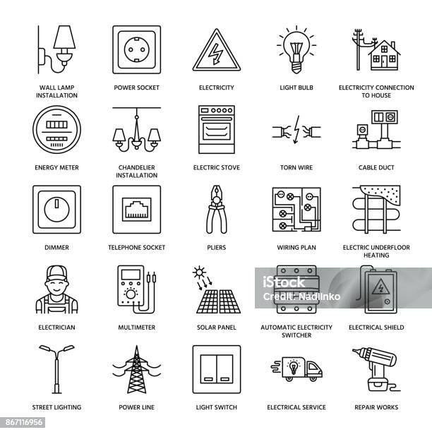 Electricity Engineering Vector Flat Line Icons Electrical Equipment Power Socket Torn Wire Energy Meter Lamp Wiring Design Multimeter Electrician Services Signs House Repair Illustration Stock Illustration - Download Image Now