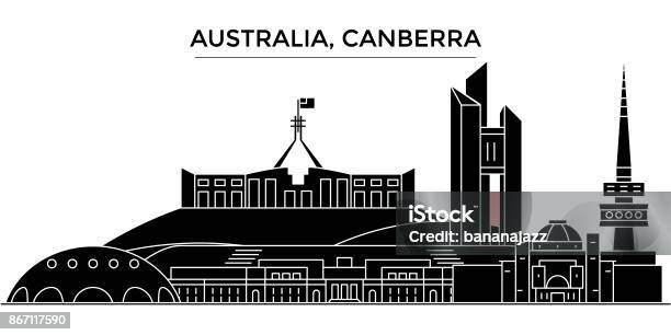 Australia Canberra Architecture Vector City Skyline Travel Cityscape With Landmarks Buildings Isolated Sights On Background Stock Illustration - Download Image Now