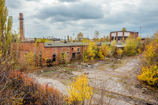 Old obsolete ruined overgrown concrete industrial buildings in autumn. Abandoned factory .