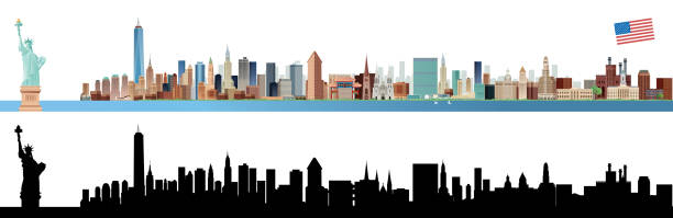 뉴욕 시티 스카이 라인 - new york city new york state statue of liberty skyline stock illustrations