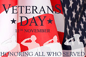 Veterans day background. Text veterans day 11 th november , the USA flag and the shadow of the soldier with the inscription honoring all who served.