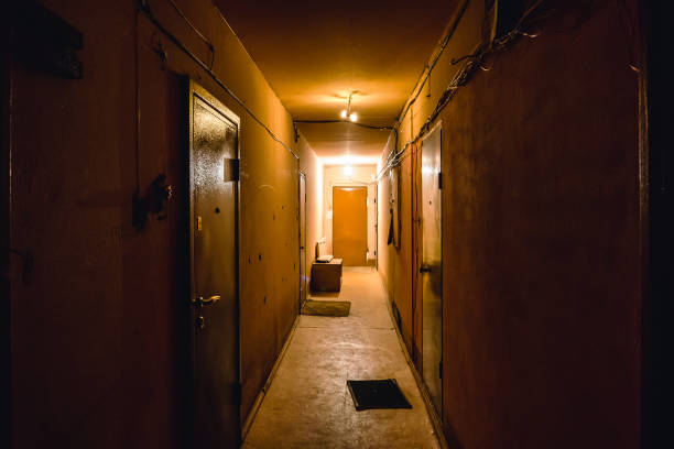 istock Dirty empty dark corridor in apartment building, doors, lighting lamps 867124570