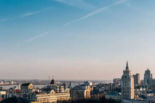 South-Eastern Railway administration building in Voronezh, symbol of city, at background of cityscape view at sunset time, rooftop view