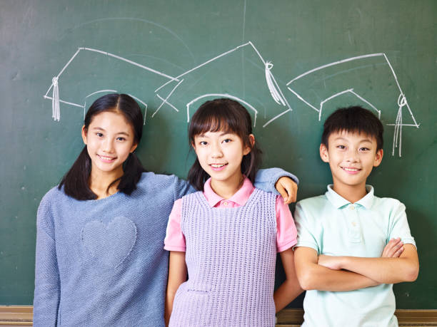 asian school children with chalk-drawn mortarboards