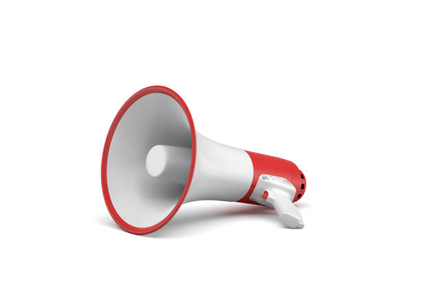 istock 3d rendering of a single red and white megaphone lying in side view on white surface. 867127126