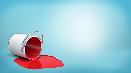 3d rendering of a overturned metal bucket with red paint leaking out in a puddle on blue background.