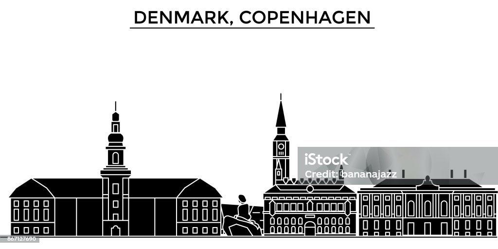 Дания, Копенгаген архитектуры вектор городского горизонта, путешествия городской пейзаж с достопримечательностями, зданиями, изолированн - Векторная графика Линия горизонта роялти-фри