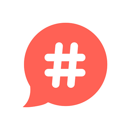 white hashtag icon in red speech bubble. concept of number sign, social media and web communicate. isolated on white background. flat style trendy modern vector illustration