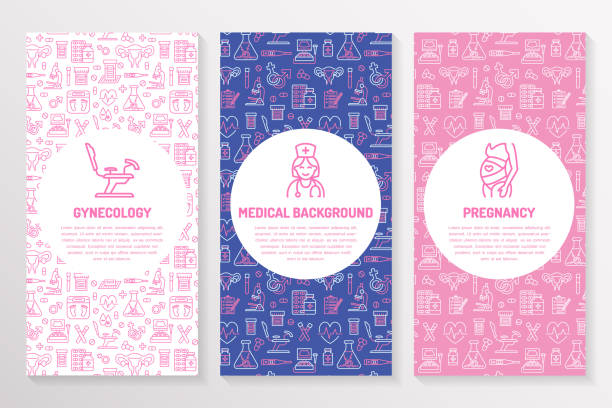 Medical brochure template, gynecology flyer. Vector trifold pink purple background. Obstetrics, pregnancy elements thin line icons - doctor, research, in vitro fertilization. Cute medicine poster Medical brochure template, gynecology flyer. Vector trifold pink purple background. Obstetrics, pregnancy elements thin line icons - doctor, research, in vitro fertilization. Cute medicine poster. hospital patterns stock illustrations
