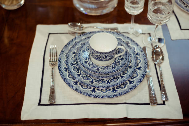 istock Arrangement of a blue tableware set on a table with a table-cloth in the kitchen 867128784