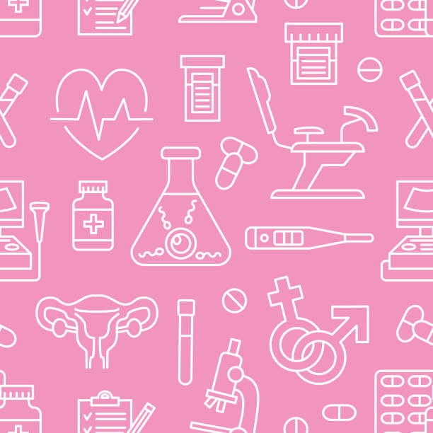 Medical seamless pattern, gynecology vector background pink color. Obstetrics, pregnancy line icons - ultrasound, gynecological chair, check up. Cute repeated illustration for hospital Medical seamless pattern, gynecology vector background pink color. Obstetrics, pregnancy line icons - ultrasound, gynecological chair, check up. Cute repeated illustration for hospital. womens issues stock illustrations