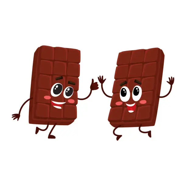 Vector illustration of Two funny chocolate bar characters jumping from happiness and excitement