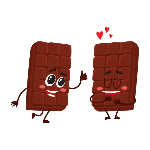 Vector illustration of Two chocolate bar characters, showing thumb up, melting from love