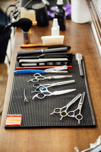 istock Mens hairdressing desktop with tools for shaving 867129954