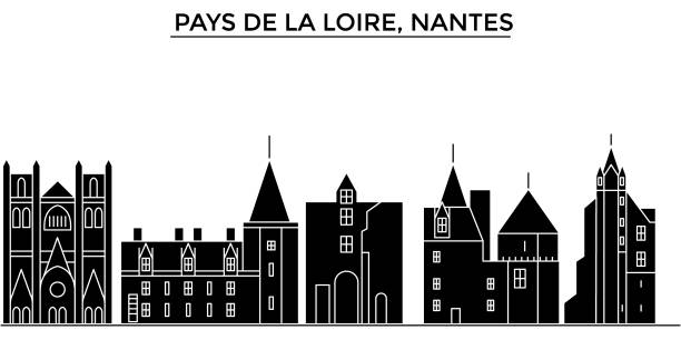 France,  Pays De La Loire, Nantes architecture vector city skyline, travel cityscape with landmarks, buildings, isolated sights on background France,  Pays De La Loire, Nantes architecture vector city skyline, black cityscape with landmarks, isolated sights on background nantes stock illustrations