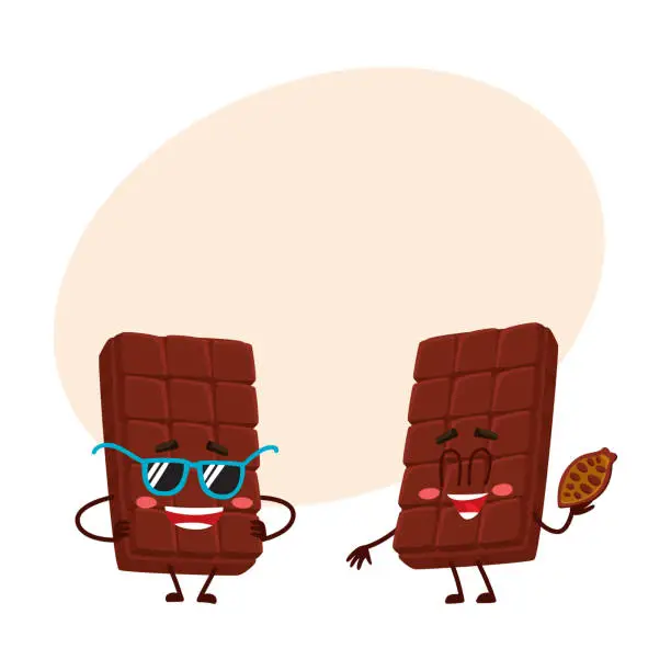 Vector illustration of Two chocolate bar characters, in sunglasses and holding cocoa bean