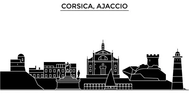 Vector illustration of France, Corsica, Ajaccio architecture vector city skyline, travel cityscape with landmarks, buildings, isolated sights on background