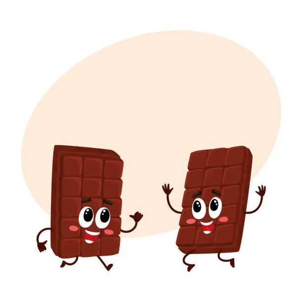 Vector illustration of Two funny chocolate bar characters jumping from happiness and excitement