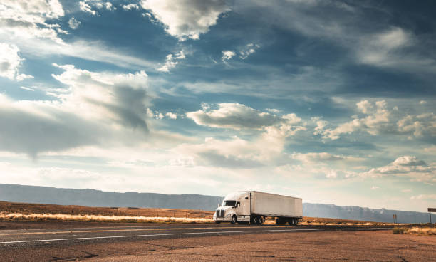 truck on the road on the route 66 - highway truck road driving imagens e fotografias de stock