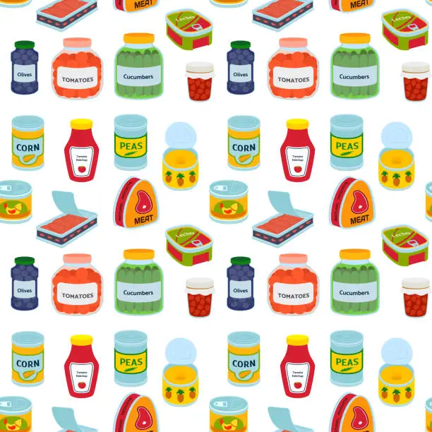 Vector illustration of Collection of various tins canned goods food metal container product seamless pattern vector illustration