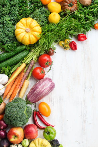 istock Top view of rainbow vegetables, fruits, copy space 867142742