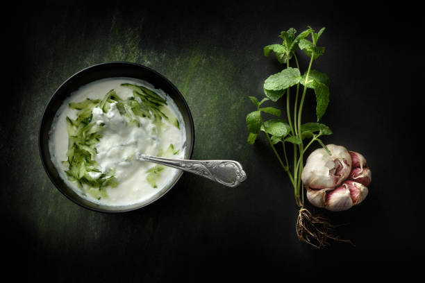 Greek Food: Tzatziki Still Life Greek Food: Tzatziki Still Life tzatziki stock pictures, royalty-free photos & images