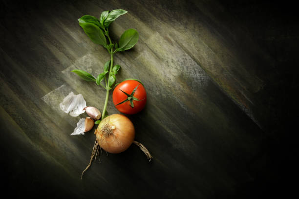 Ingredients: Basil, Garlic, Onion and Tomato Still Life
