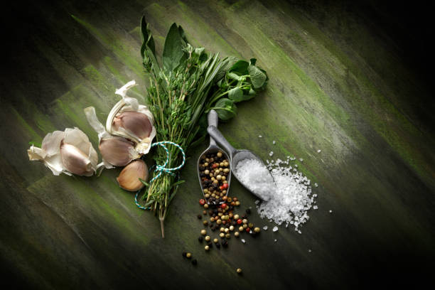 Seasoning: Garlic, Bouquet Garni, Salt and Pepper Still Life
